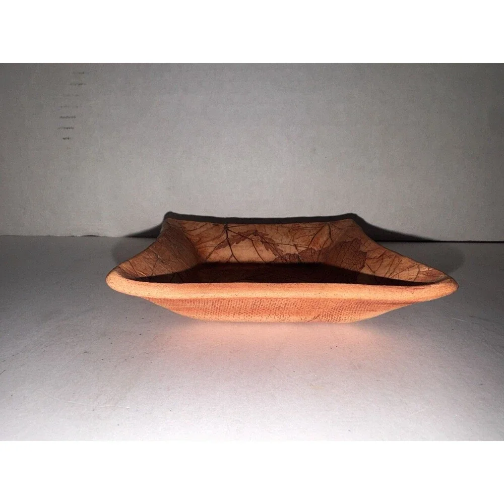 Signed Malabar Pottery Clay Stamped Leaves 5” Square Trinket Dish Plate Florida